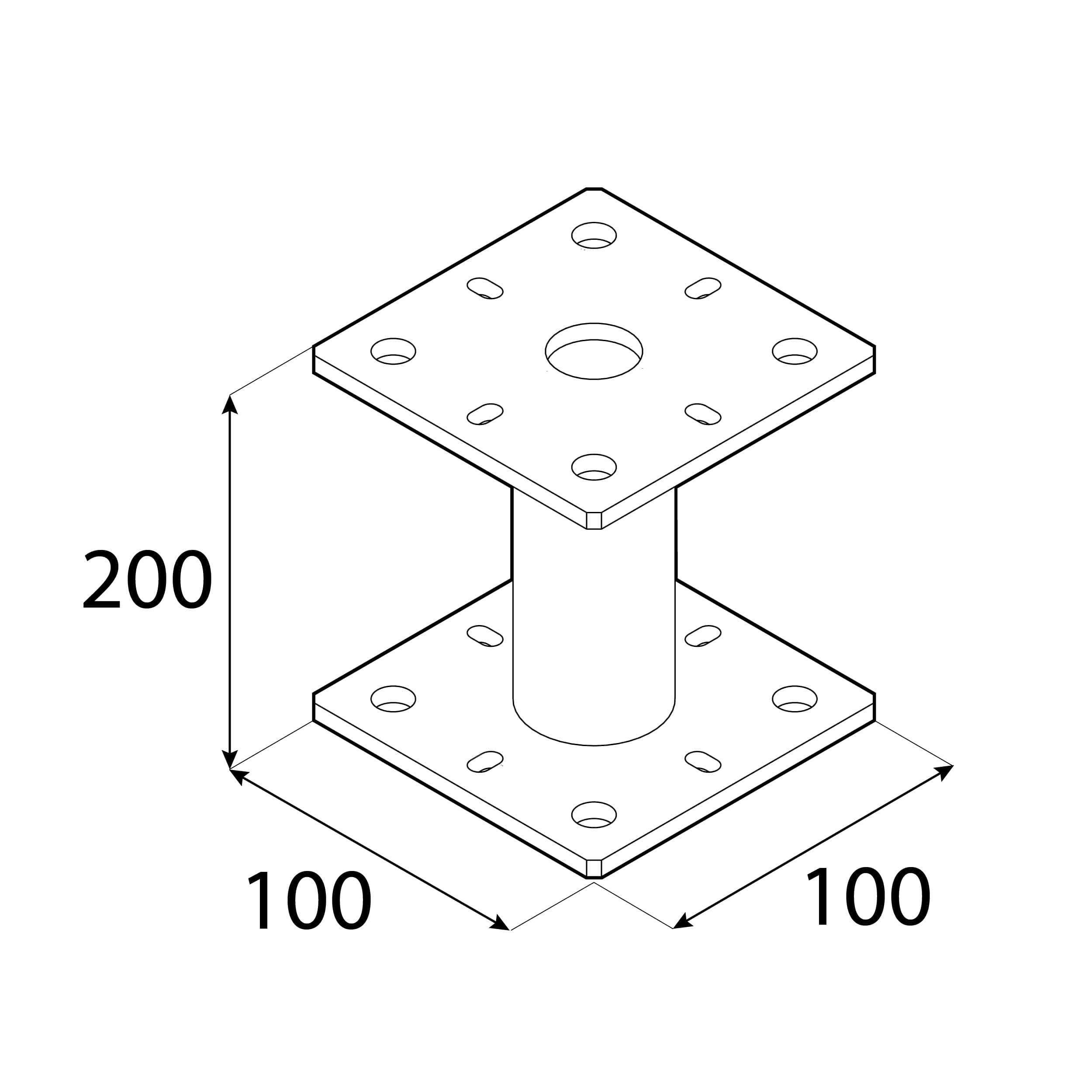 Pfostenträger flach Konsole mit Rohr - PMF | 100x100 mm | 200 mm | feuerverzinkt Mastfußanker-Flachhalterung mit PMF-Rohr, 100x100 mm, 200 mm, silber.